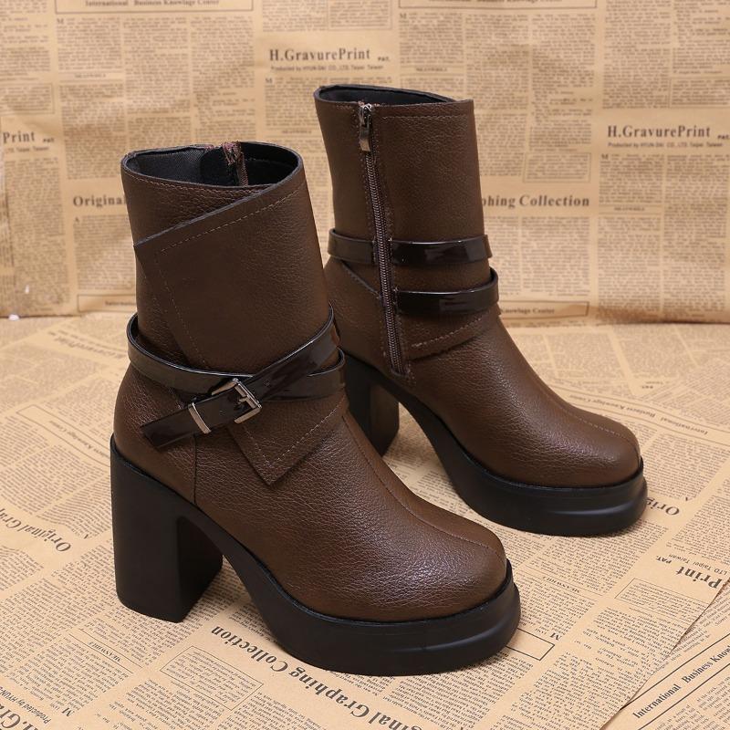Retro Round Toe Block Heel Booties Women 2026 Fall New Super High Heel Platform Side Zip Fashion Boots 35 3590₽