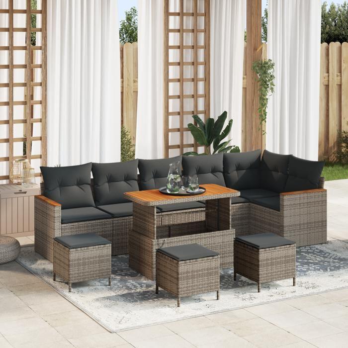 Ensemble de canapé de jardin vidaXL 10 pièces avec coussins gris poly rattan acacia 3363073