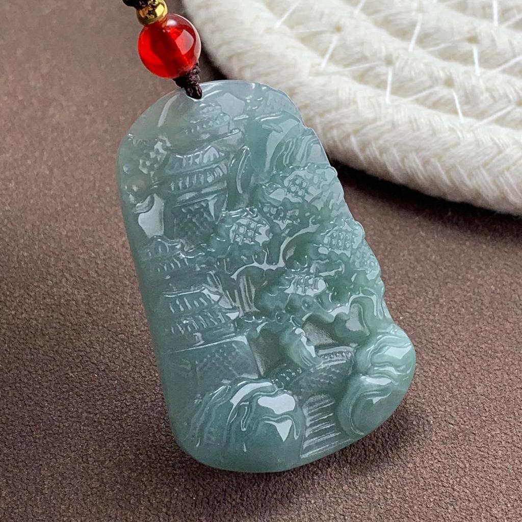 A-Grade Natural Ice Blue Jade Small Landscape Pendant with Authentication