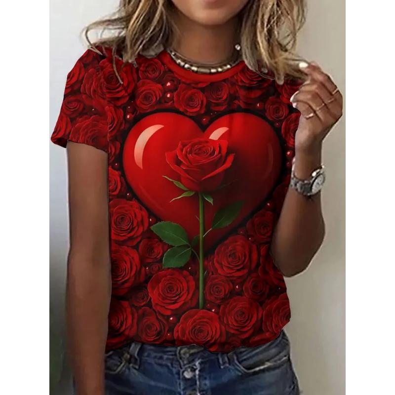 Flower Short Sleeve Fashion Women's Solid Color Flower Crew Neck T-Shirt 3D Flower Color Printing Crew Neck Short Sleeve Tees