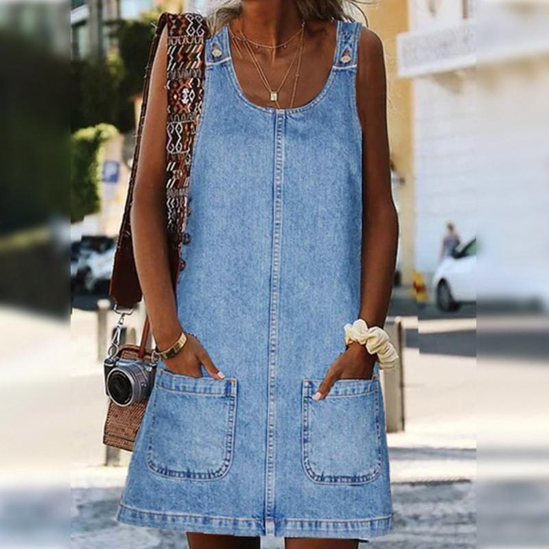 Denim Dress For Women Summer Sleeveless A Line Casual Cotton Polyester Fabric