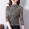Mesh Base Blouse for Autumn Latest Printed Half Turtle Neck Large Size Long-sleeved T-shirt Womens Top