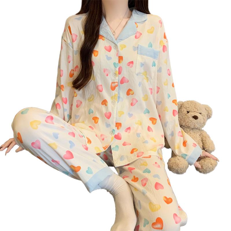 Simple Color Love Cloud Cotton Thin Spring And Autumn Pajamas Women'S Long-Sleeved Trousers Loungewear Set
