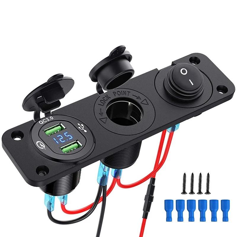 Waterproof Cigarette Lighter Outlet Quick Charge 3.0 12V/24V Dual USB Car Socket with LED Voltmeter Touch Switch for Car RV Boat