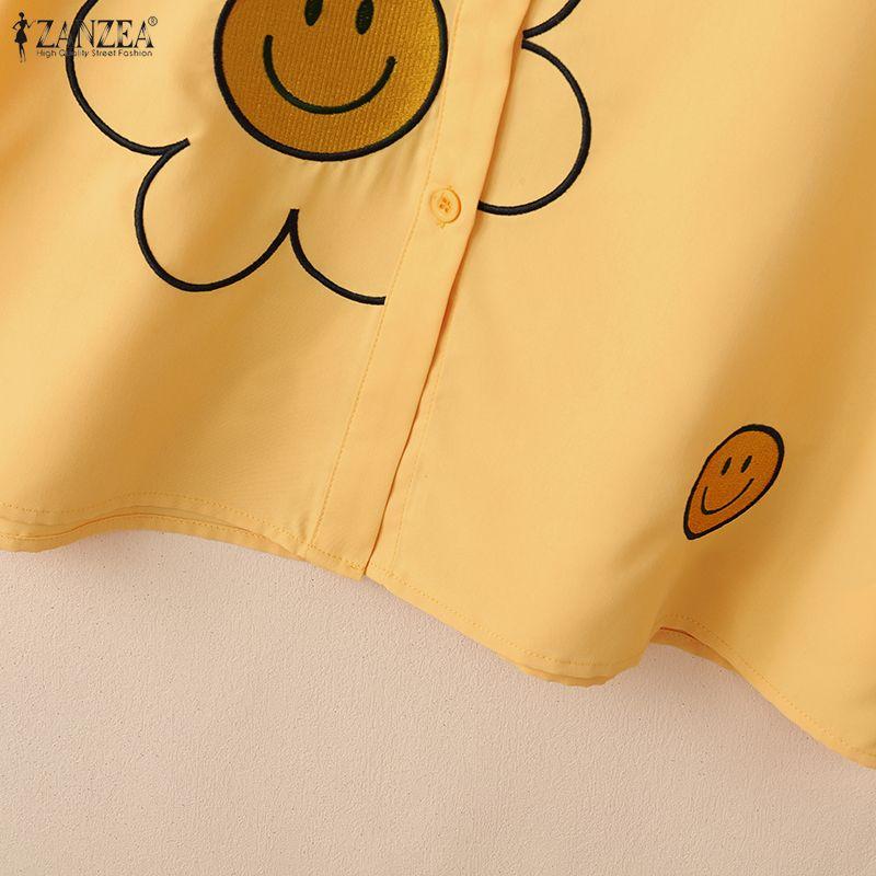 ZANZEA Blusa Casual de Mujer con Cuello Vuelto, Manga Corta Suelta y Estampado