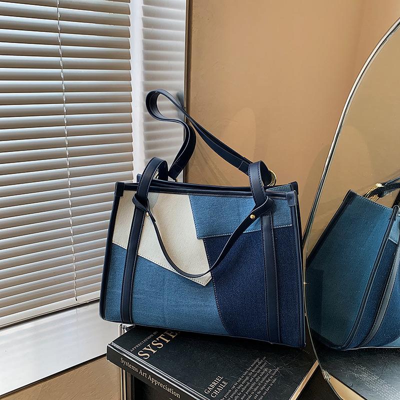 Large-capacity Bag Women's New Spring and Summer Contrasting Color Splicing Shoulder Bag Class Commuter Tote Bag