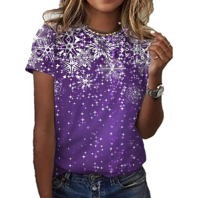 New Women's Casual Round Neck Short Sleeved 3D Digital Print for Summer Fresh Women's Snowflake Print 3206
