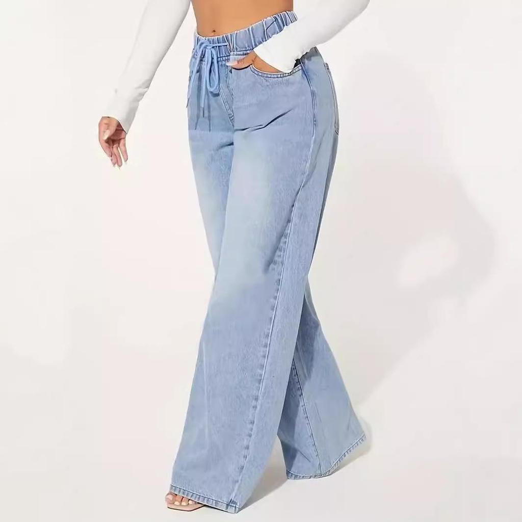 High Waist Light Blue Women's Wide Leg Drawstring Denim Jeans