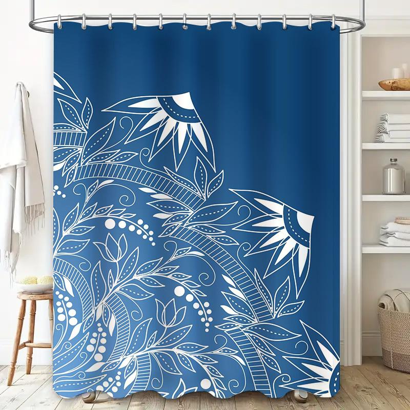 Creative Blue White Shower Curtain with Floral Design for Bathroom Decor Waterproof Fabric Material Modern Home Accessories (Cu