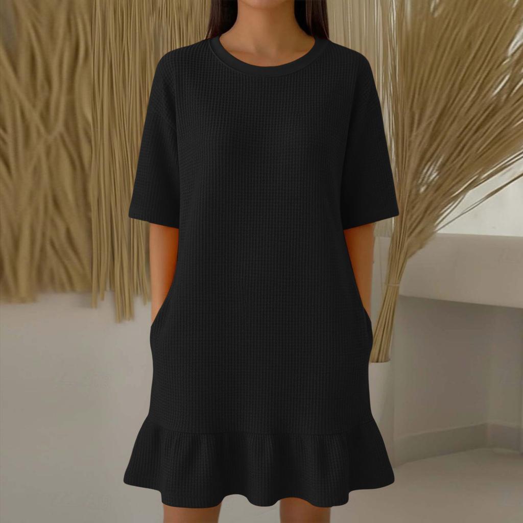 Women Casual Summer Dress Short Sleeve Crew Neck Mini Dress Ruffle Hem Dress Flowy Beach Sundress