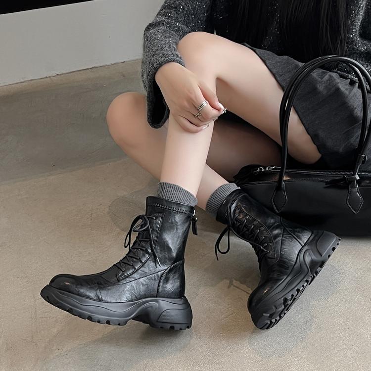 Round Head Thick-soled Thick-heeled Martin Boots Women's 2025 New Autumn and Winter Velvet Soft Leather Muffin Bottom Rear Zipper Elastic Short Boots