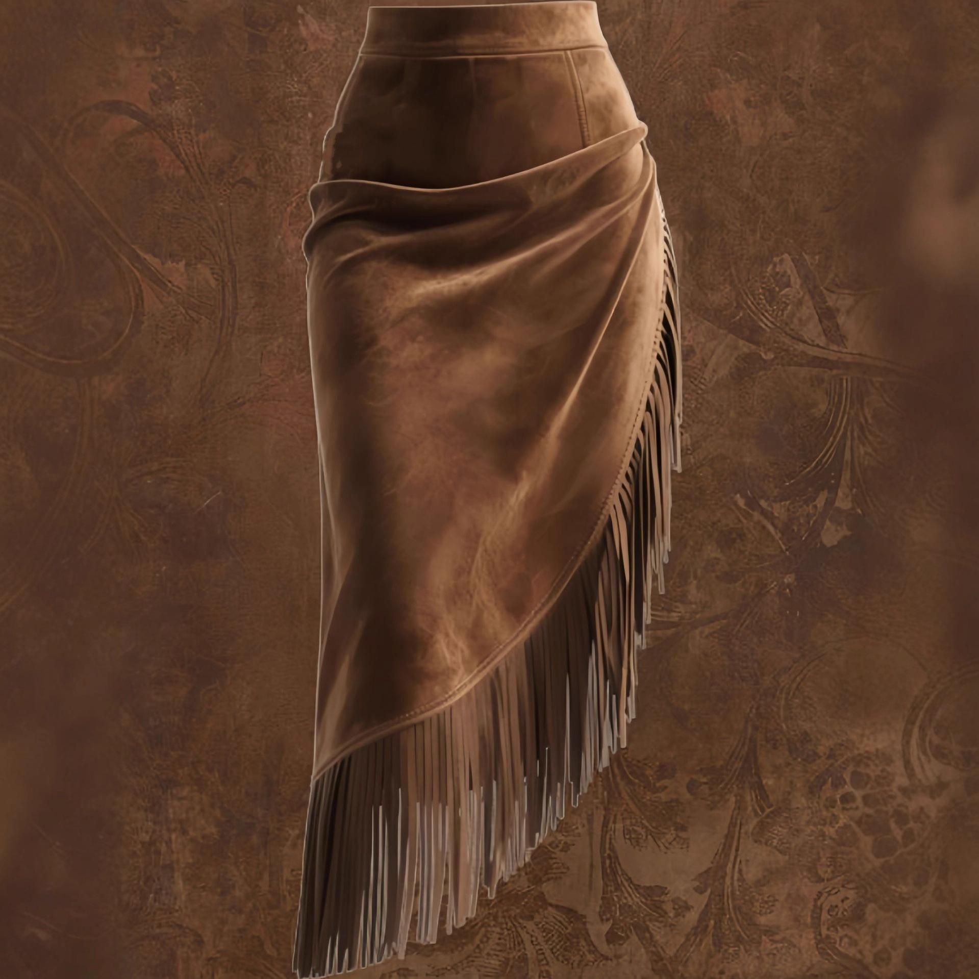 Fashion Ladies Vintage Tassel Hem Irregular Suede Skirt Skirt S