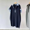 Damen Sommer Midi-Länge Color-Blocked Locker geschnittenes Kurzarm-T-Shirt-Kleid mit Polokragen und Bauchbedeckendem Design