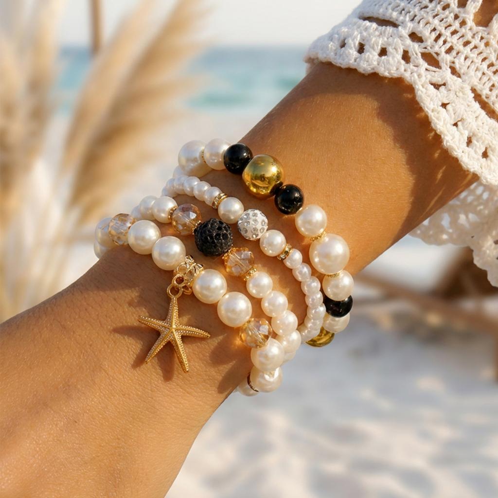 Boho Pink Starfish Shell Beaded Bracelet Set for Women Multilayer Rice Beads Stretch Stacked Bangle Summer Beach Party Jewelry