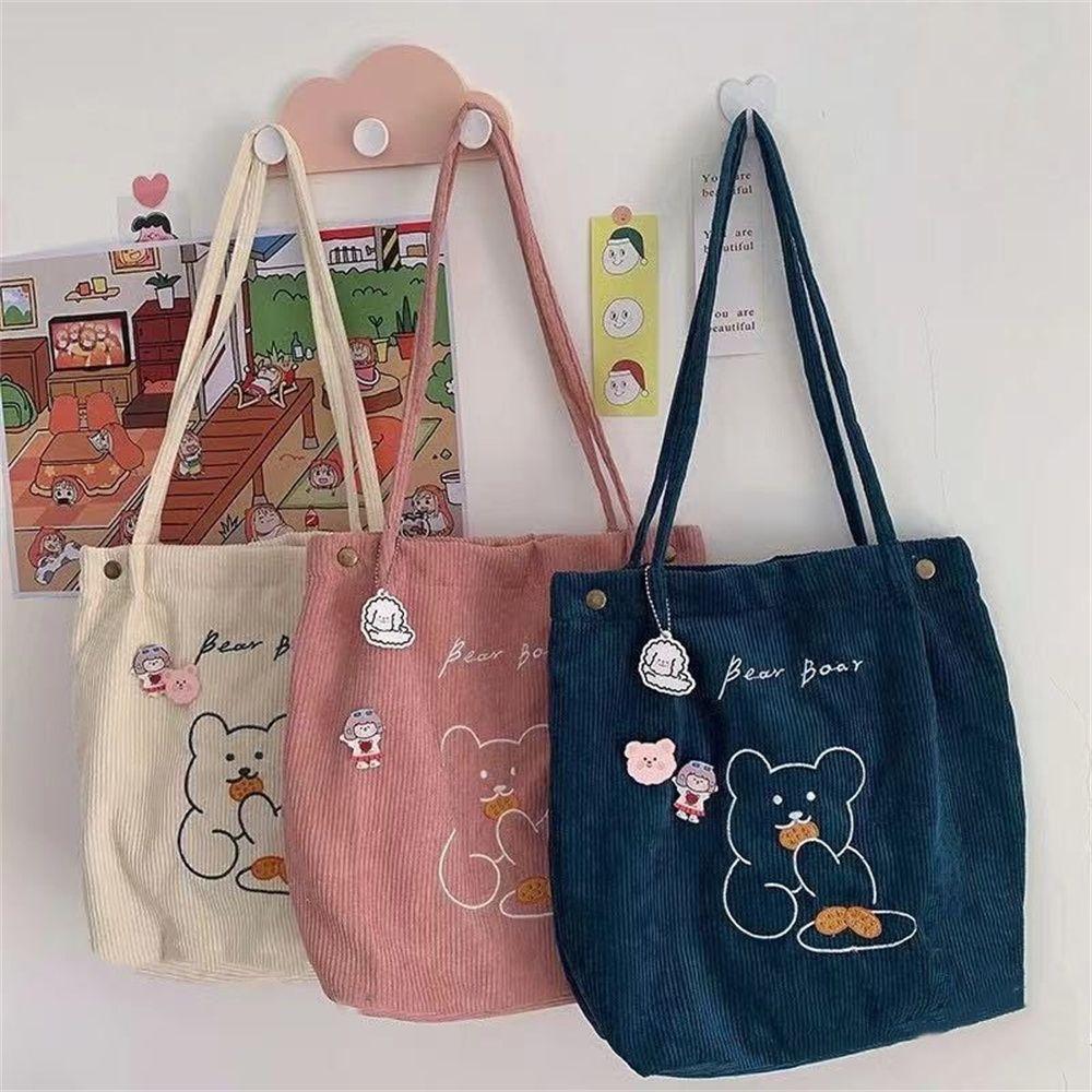 Women Corduroy Shoulder Bag Bears Embroidery Striped Canvas Handbag Eco Cloth Tote Cute Soft Shopping Bags For Ladies Animal Bag