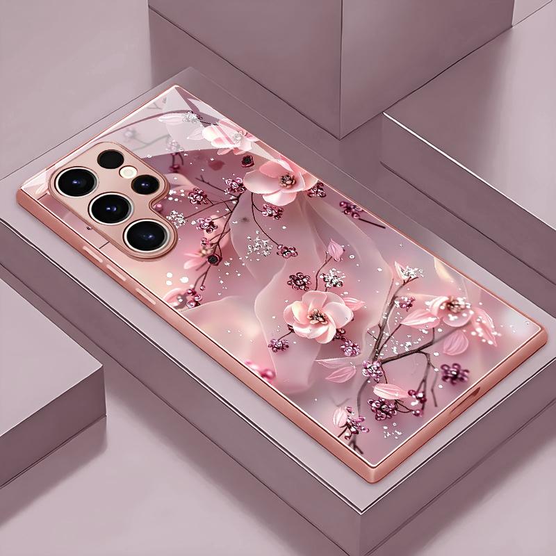 Sparkling Diamond Cherry Blossom Branch Pattern Glass Phone Case Suitable for Samsung GalaxyS26 S25 S24 S22 S21 S20FE Ultra Plus