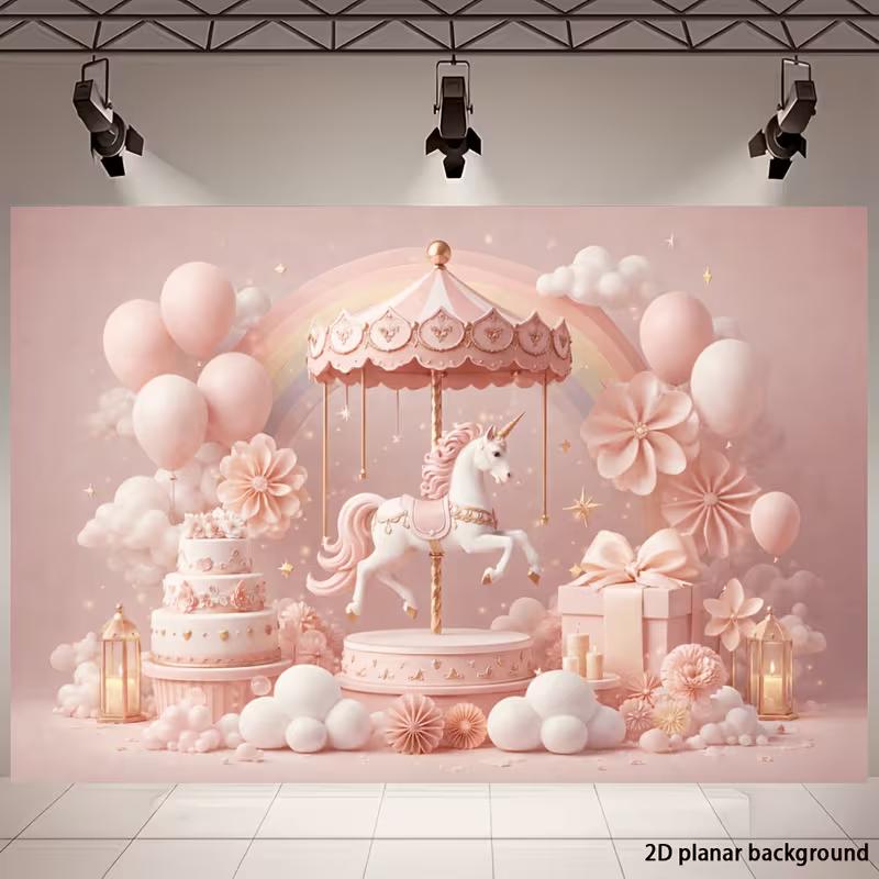 2D Dreamy Pastel Unicorn Backdrop with Rainbow & Clouds Party Photo Booth Background