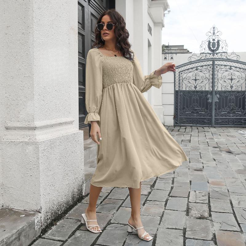 

Женское платье миди весна-лето, расклешенные рукава, А-силуэт, квадратный воротник, высокая талия, однотонный цвет, S-XL XL бежевый