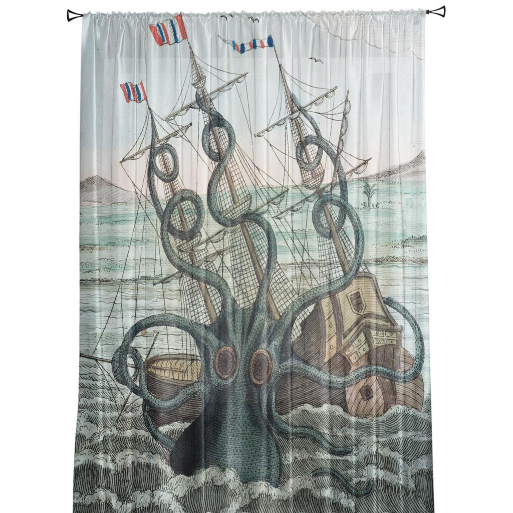 Sea Octopus Cthulhu Sheer Curtains for Living Room Modern Voile Curtain Bedroom Tulle Curtains Window Drapes Decor