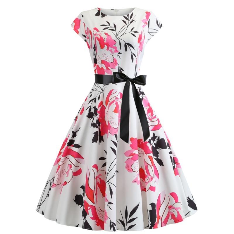 

Горячая Распродажа Летнее Ретро Женское Платье с Круглым Вырезом, Рукавами-Фонариками, Лентой на Талии XXL