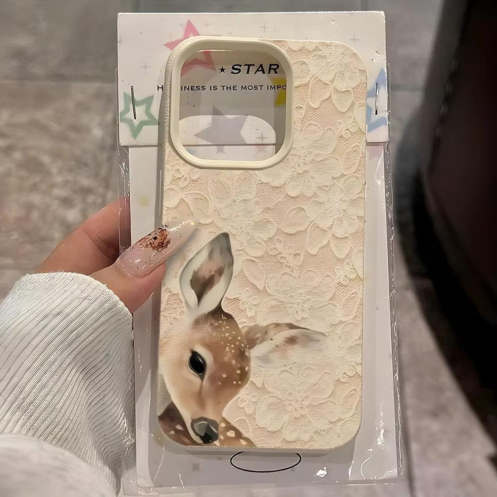 Lace Texture Deer Pattern Phone Case For iPhone 17 Pro Max 16 Plus 15 Pro 14 13 12 11 XR 17Air Lychee Textur Soft Cover