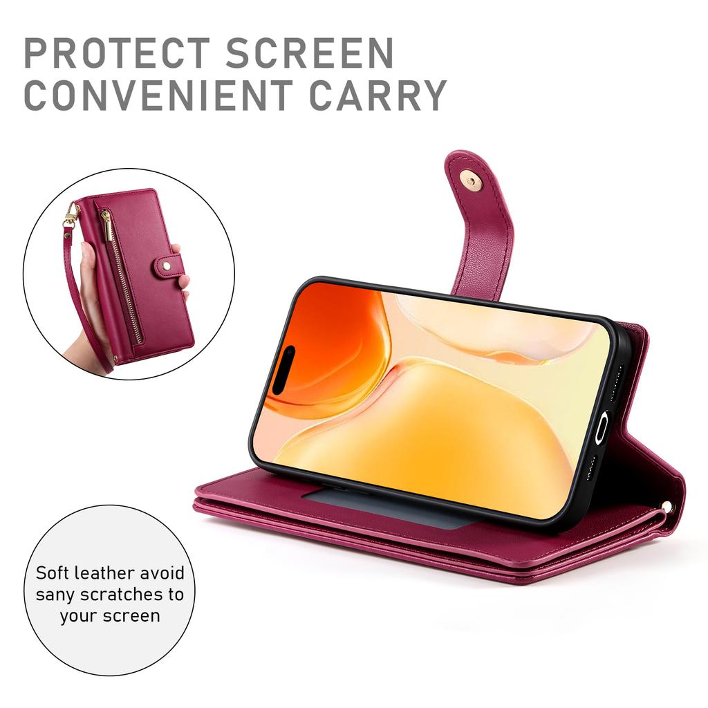 Für iPhone 17 Hülle Reißverschlusstasche Brieftasche Leder Handyhülle mit Riemen