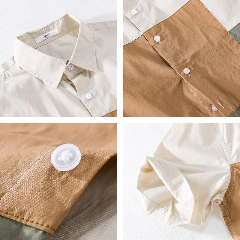 Men's Japanese-Style Summer Color-Block Short-Sleeve Cotton Shirt