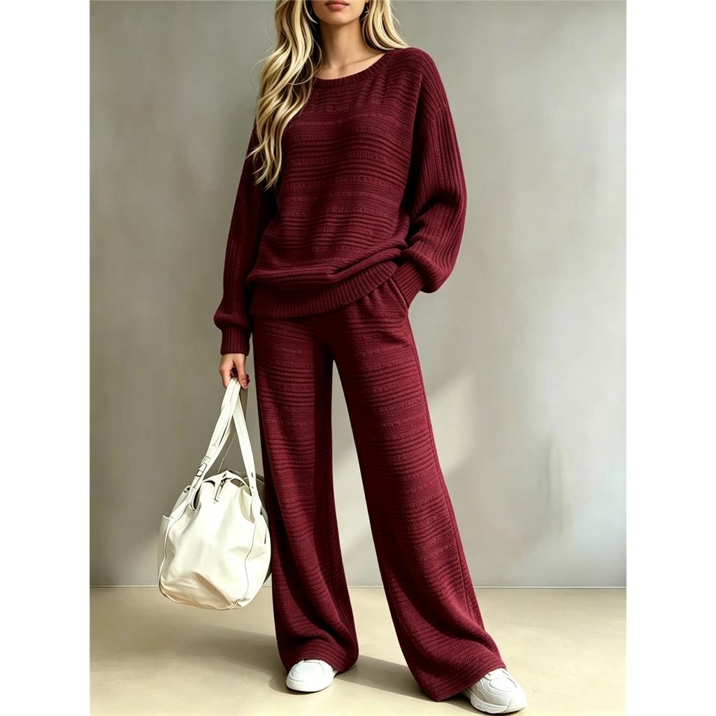 Women Ribbed Knit 2 Piece Outfit Round Neck Long Sleeve Top Drawstring Wide Leg Pants Casual Loungewear Matching Set
