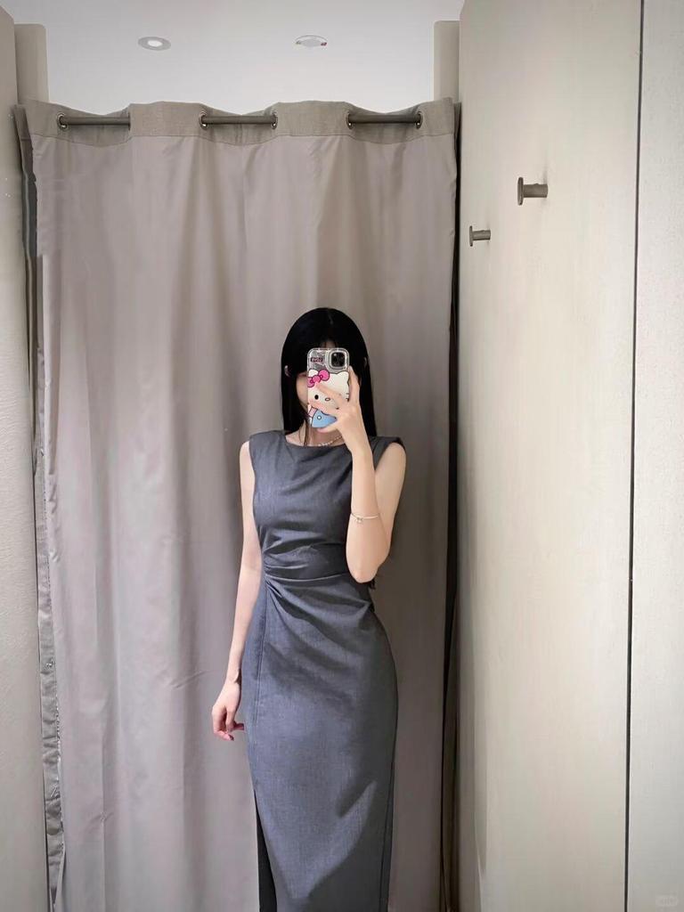2025 Spring/Autumn Women's Sleeveless Round Neck Midi Dress with Waist Pleats