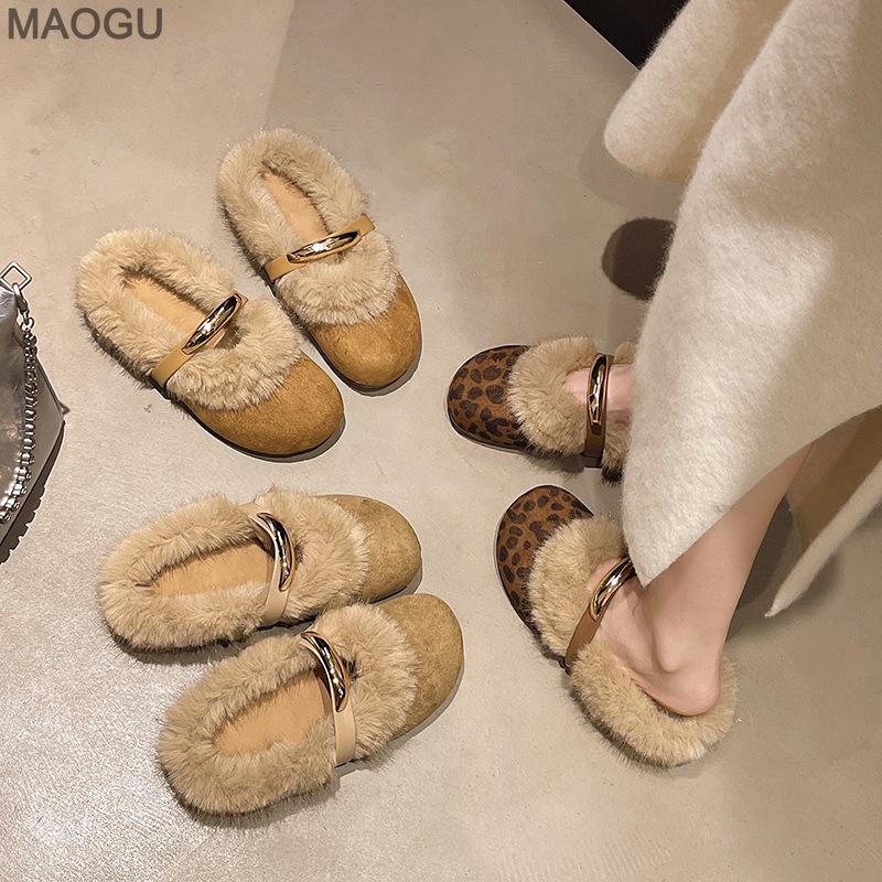Plush Shoes for Women Slip on Cotton Slippers Autumn Winter Fashion Soft Sole Mary Janes Furry Loafers Comfortable Zapatos Mujer