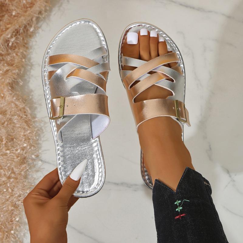 Large size slippers women's summer new color matching round head one-character flat bottom outer wear casual sandals
