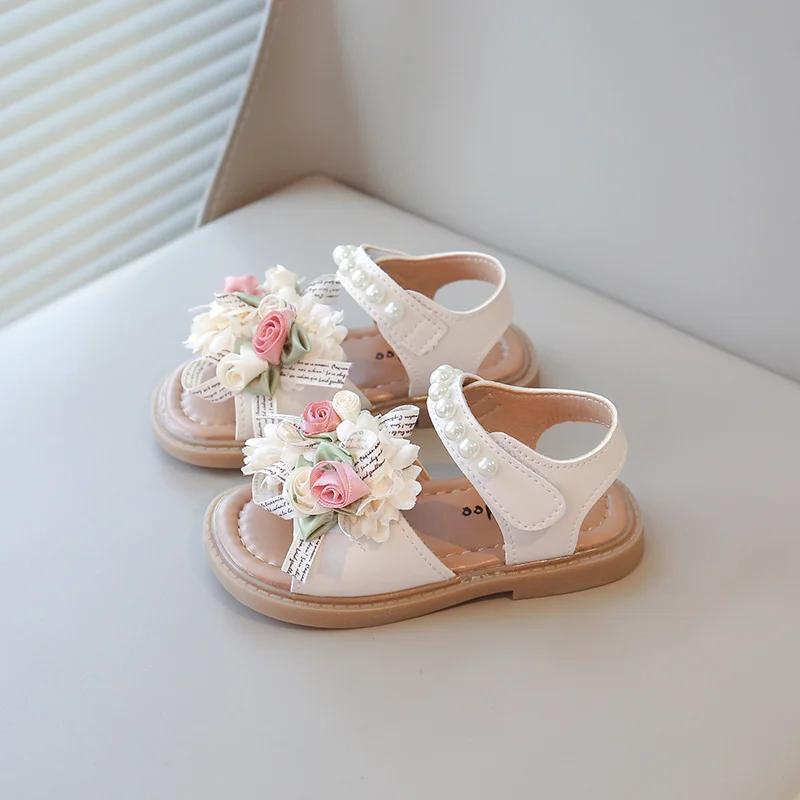 

Girls Sandals Chic Euro American Style Boho Flower Fashion Princess Kids Beach Sandals Cute Summer New Trend Hot Elegant Floral 21 бежевый