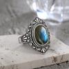 Vintage Silberring Oval Natürlicher Labradorit Ringe Fingerring Retro Schwarzer Onyx Feiner Schmuck Party Für Frauen Männer