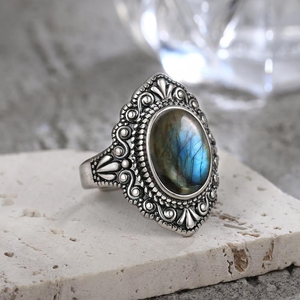 Vintage Silberring Oval Natürlicher Labradorit Ringe Fingerring Retro Schwarzer Onyx Feiner Schmuck Party Für Frauen Männer