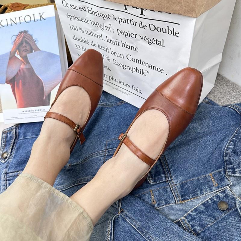Johnature Retro Women Flats Shoes Elegant Versatile Genuine Leather Basic Buckle Strap Pointed Toe Pumps Shoes