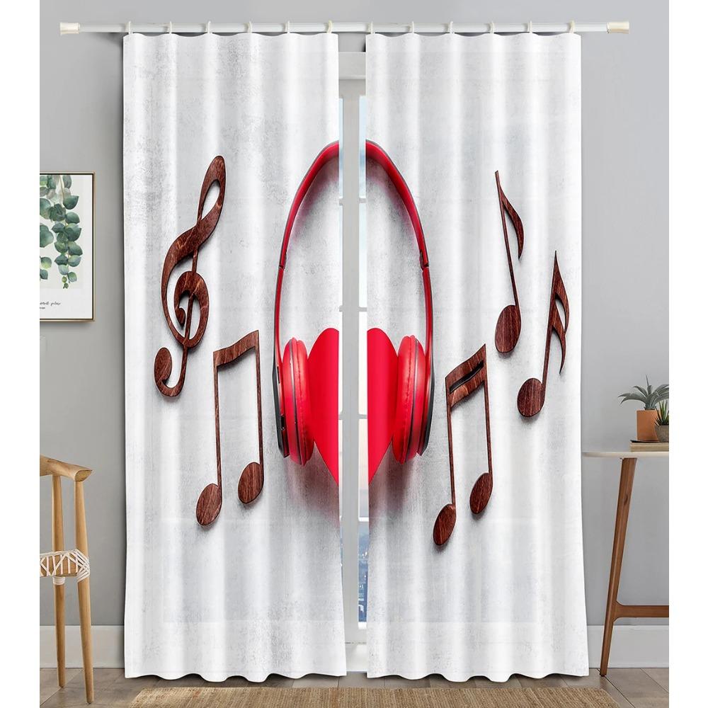 Earphone Music Red Heart Pink WaveBlackout Window Curtain for Living Room Bedroom Bathroom Kicthen Door Cupboard Decor Hooks