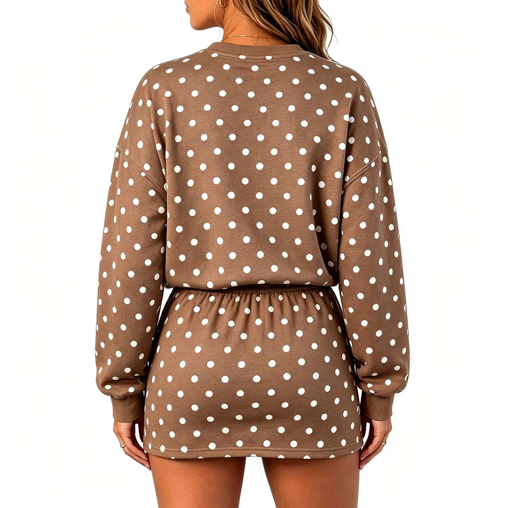 Women's Casual Two-Piece Set with Polka Dot Long Sleeve Pullover and Skirt for Everyday Wear