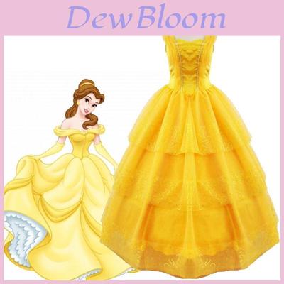 Disney Princess Belle Cosplay Costume Fancy Dress Halloween Adult Yellow Layered Full-length Ball Gowns