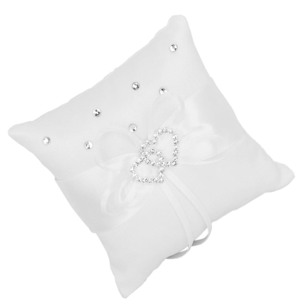 Satin Pocket Ring Pillow Double Heart Crystal Rhinestone Cushion Wedding Party Anniversary Supplies