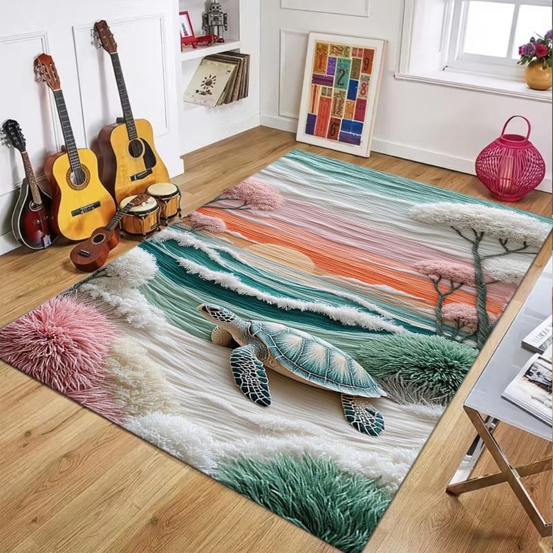 

2D Sea Turtle Area Rug Underwater Wave Print Floor Mat Non-Slip Coral Shell Themed Carpet for Living Room Bedroom Kids Playroom 40X60CM
