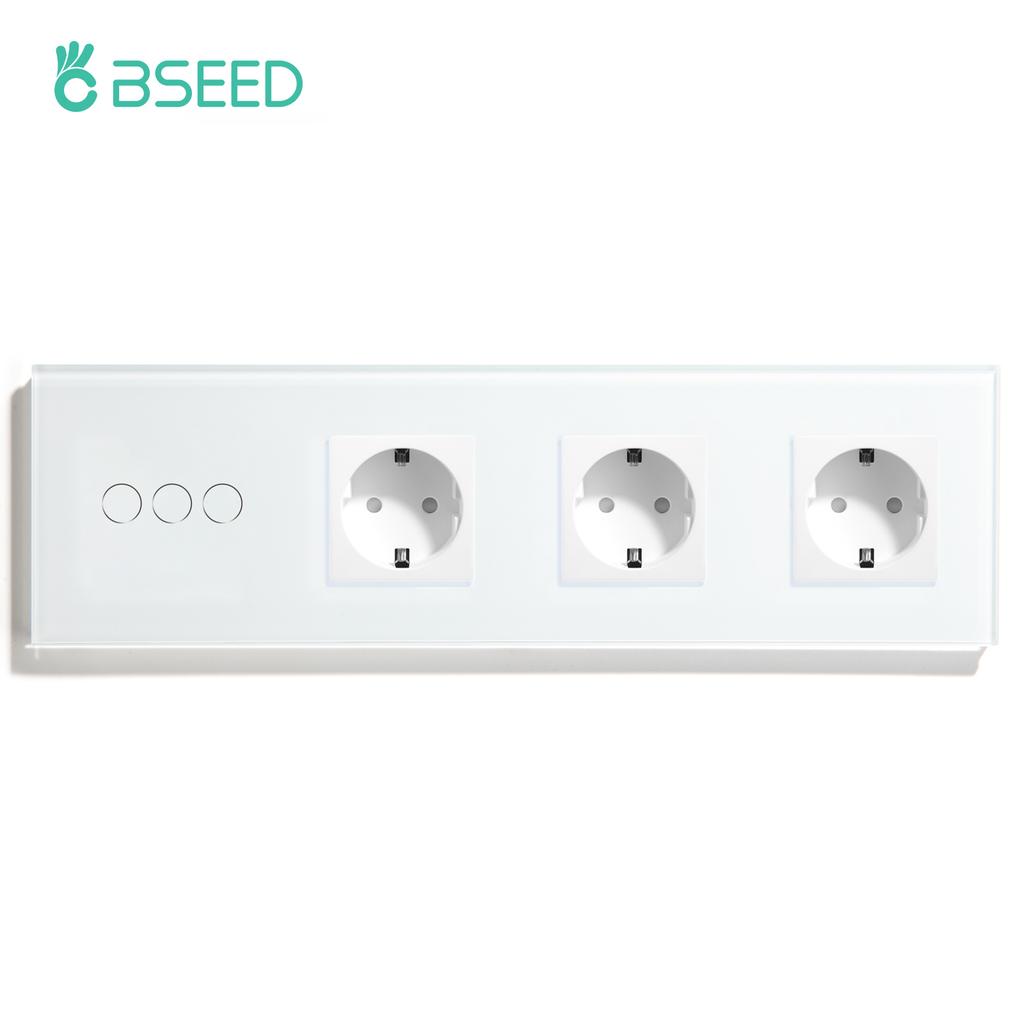 BSEED 1/2/3Gang Touch Switch 1Way Plus Triple Wall Sockets EU Standard Blue Backlight Glass Panel 299mm