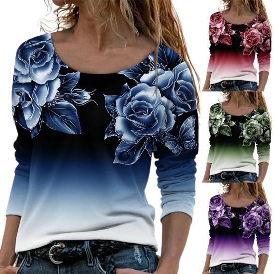 Women Blouse Plant Print Shrink Resistant Round Neck Vibrant Rose Spring Blouse for School