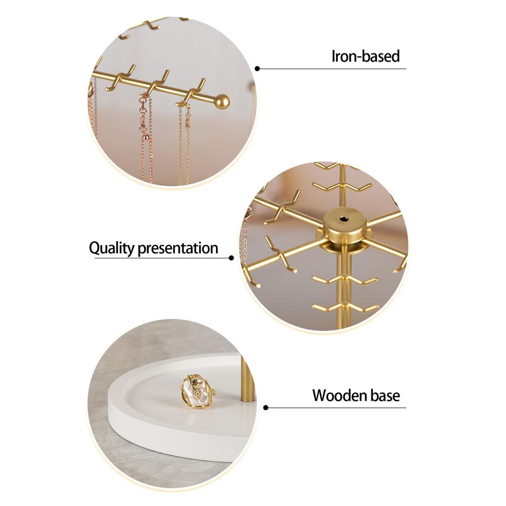 Modern Gold Jewelry Display Stand 48 Hooks 360 Rotating Design Compact Storage Solution For Necklaces Bracelets Perfect Gift