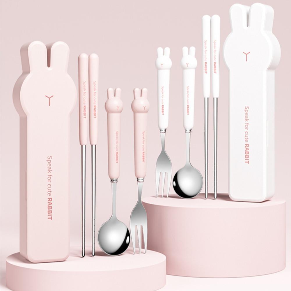 

Наборы столовой посуды с героями мультфильмов из нержавеющей стали, набор портативных столовых приборов в форме медведя/кролика, уличная посуда