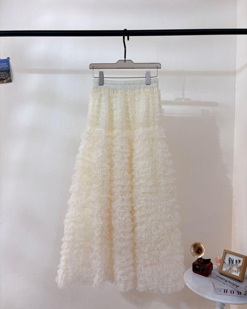 Sweet Apricot Embroidered Mesh Ruffle Midi Skirt - Fluffy, Layered and Versatile for Autumn/Winter