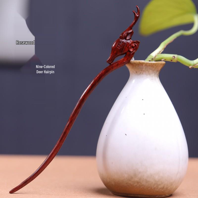 Red Sandalwood Women's Retro Hanfu Hairpins: Hollow Carved Moon Rabbit Wooden Ornaments