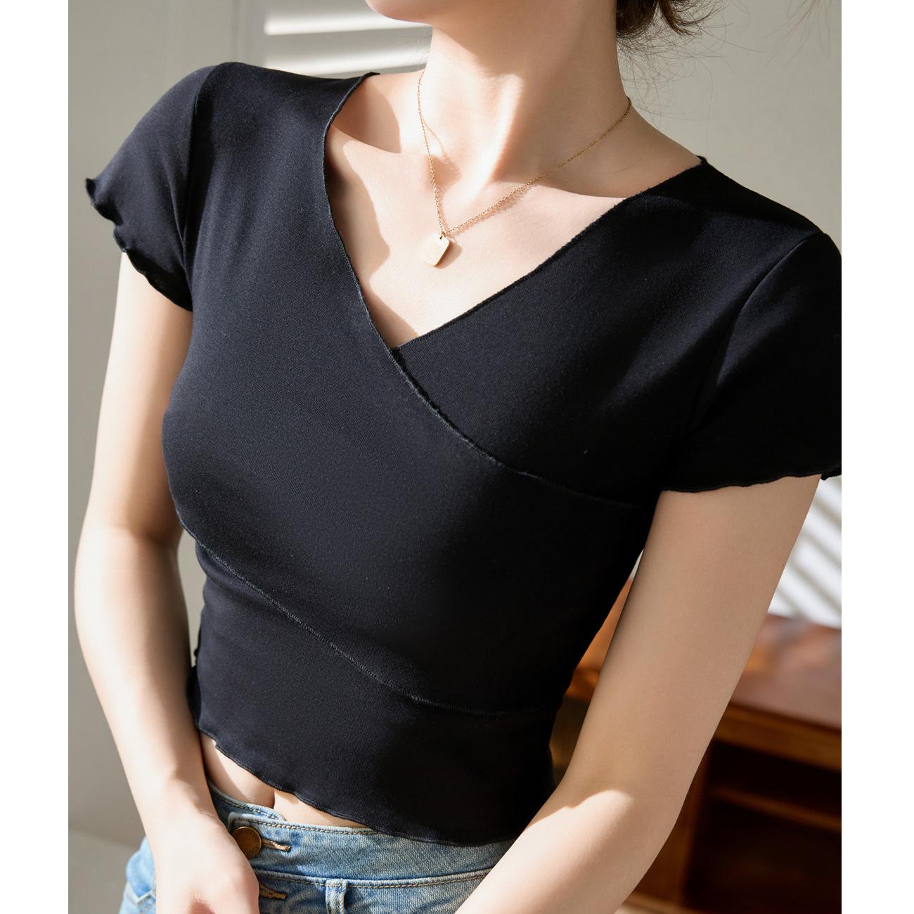 

Дизайн-чувственная балетная спортивная короткая футболка для женщин, летняя, из чистого хлопка, новая, с высокой талией, V-образным вырезом, топ-база L