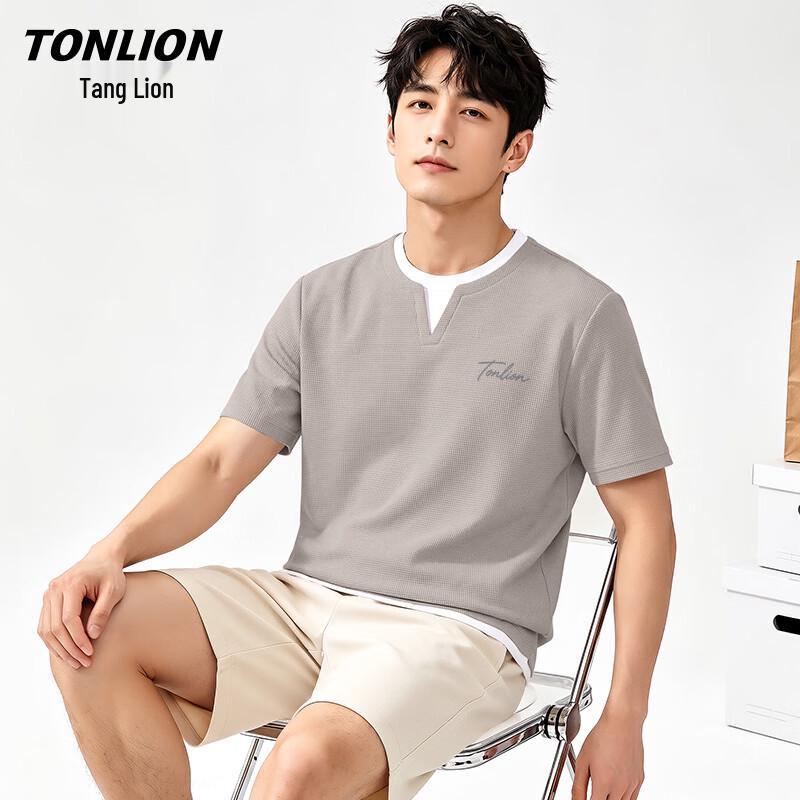 TonLion Men s Waffle Knit Faux Layered Short Sleeve T-Shirt XL
