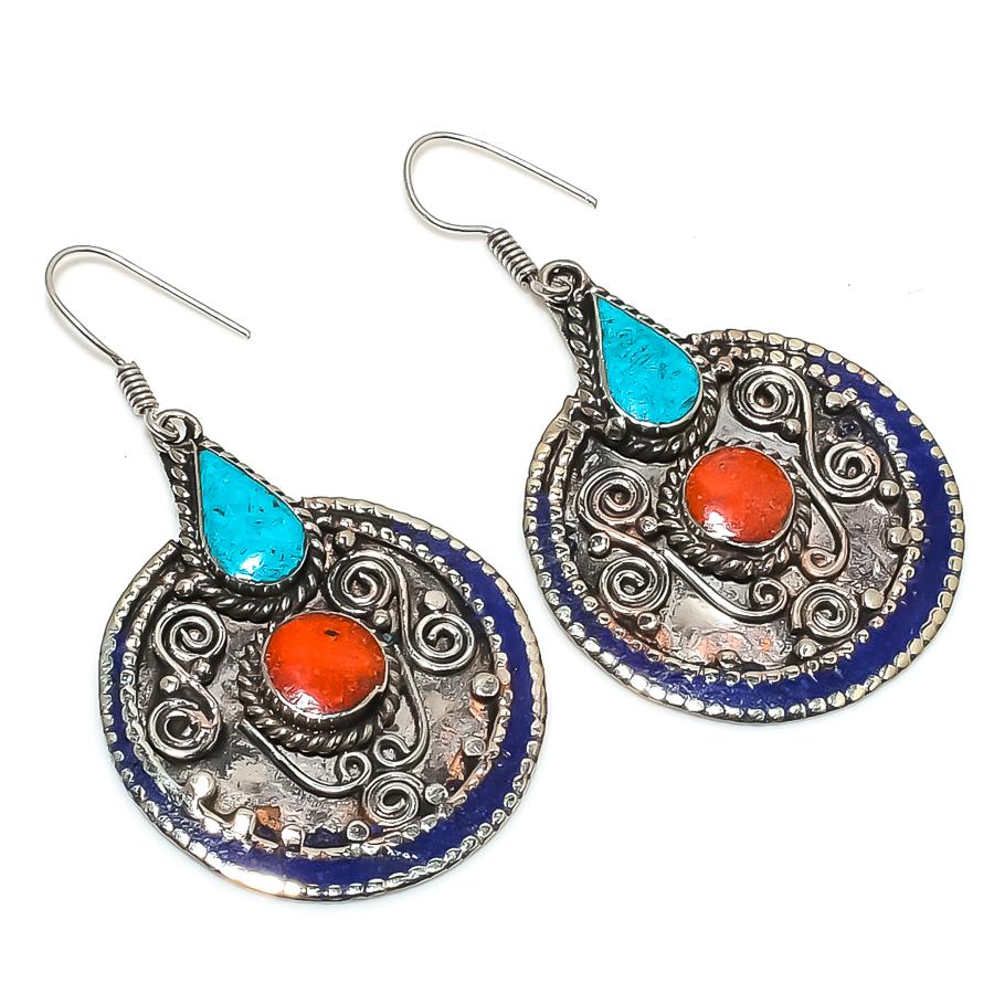 Coral Turquoise Lapis lazuli Earring Tibetan Vintage Nepali Jewelry 2.4" NE 5319