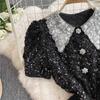 Summer Women Sweet Peter Pan Collar Black Sequined Diamonds Button Mini Short Fairy Princess Party Dresses